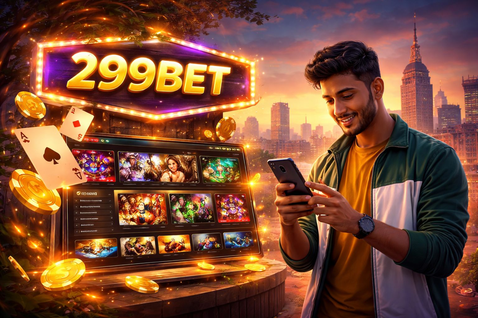 Charming Bangladeshi card host presenting a vibrant gaming board with colorful tokens symbolizing security and excitement at 299BET