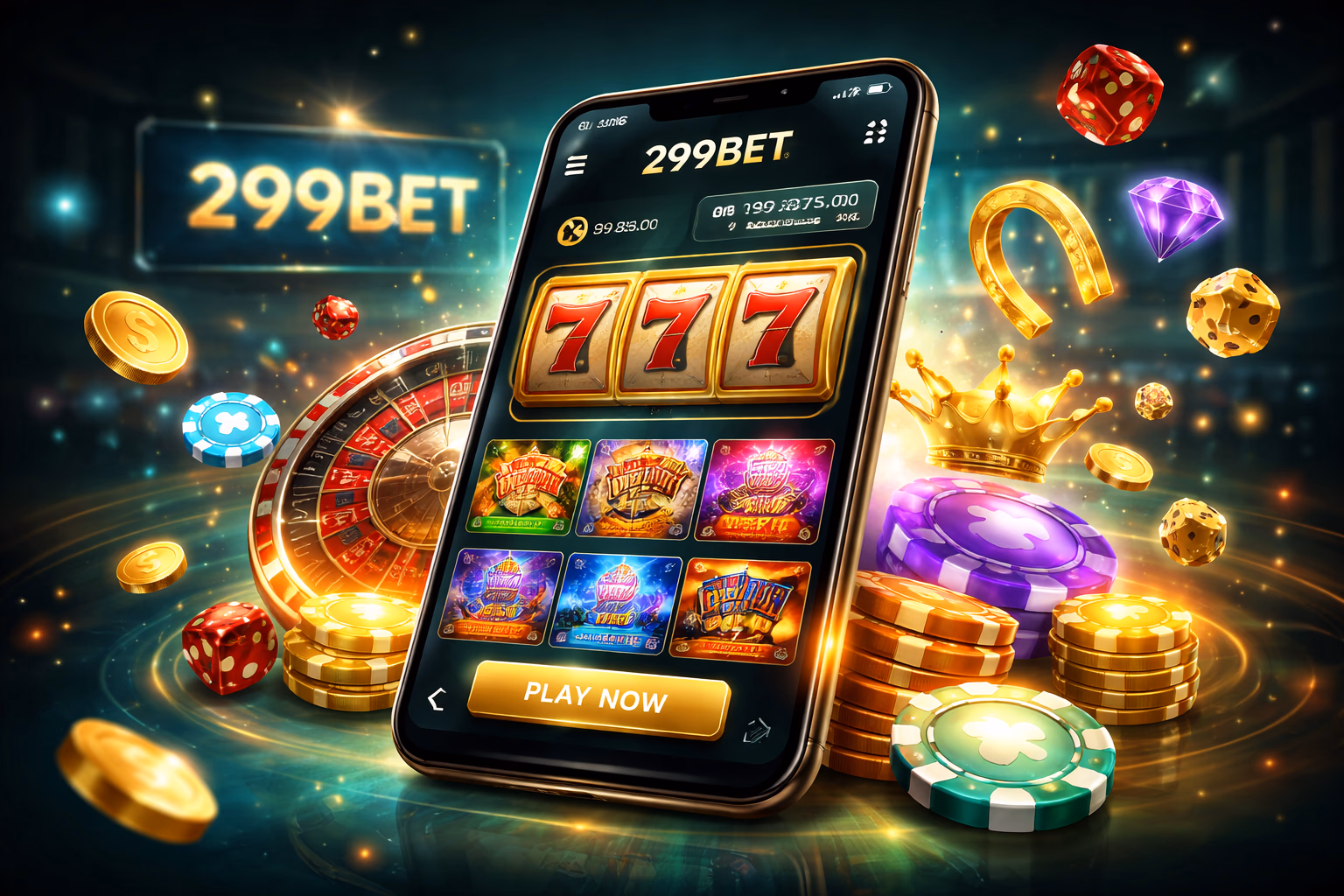 Cheerful Bangladeshi player enjoying the 299BET app with floating reels and golden coin animations