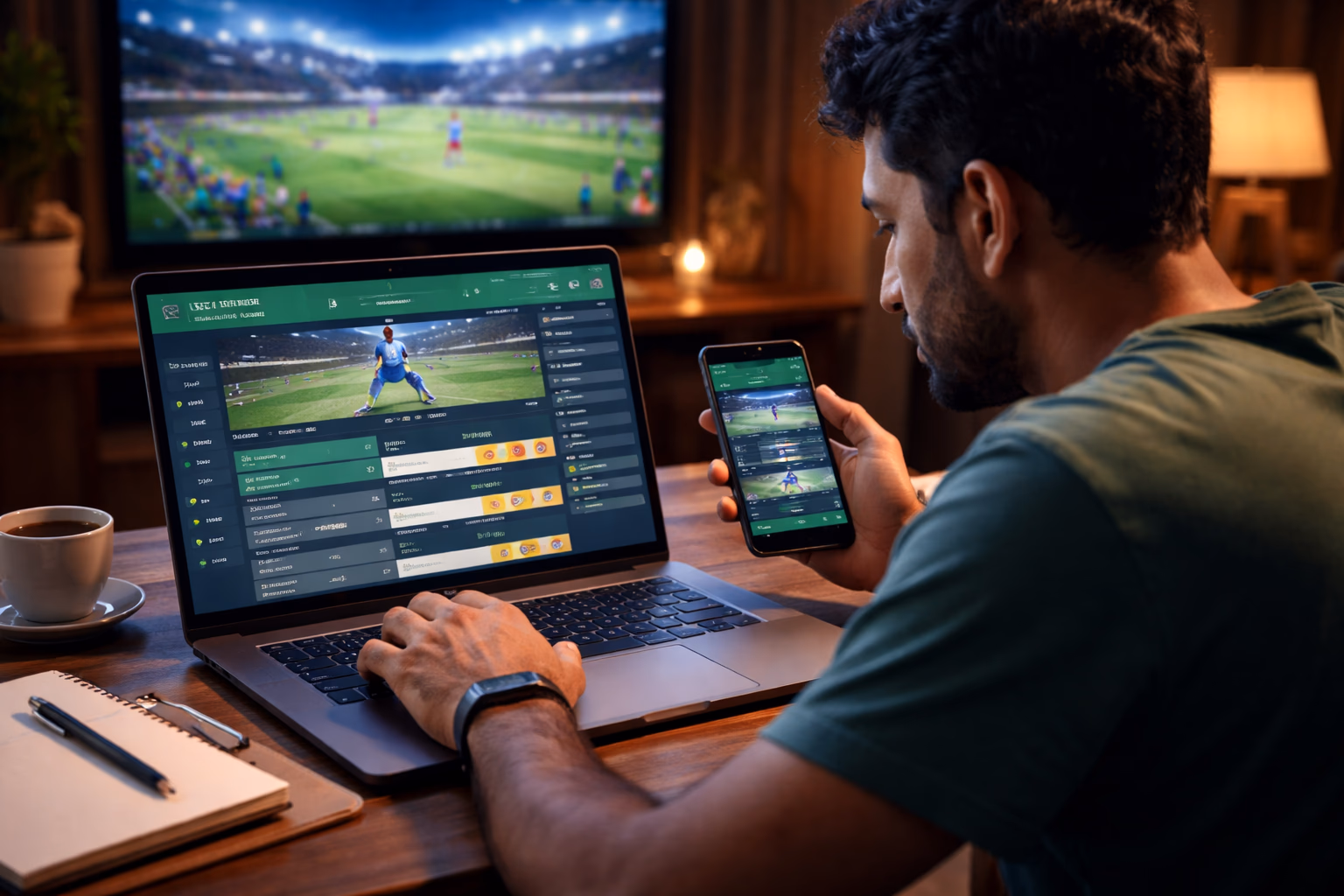 Enthusiastic Bangladeshi punter analyzing real time cricket markets on 299BET while a live broadcast plays in a comfortable home setting