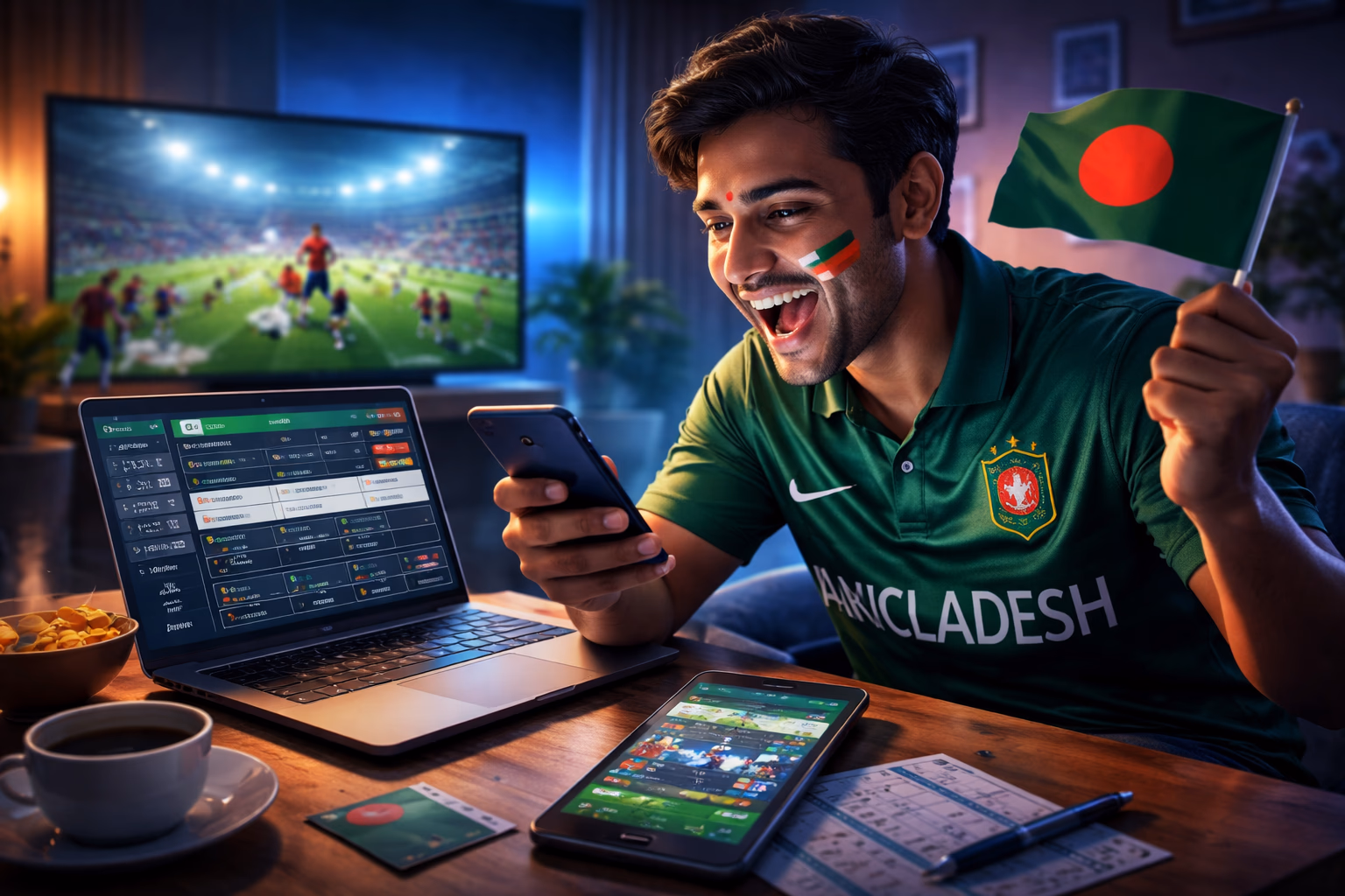 Engaged Bangladeshi sports fan operating laptop and phone simultaneously while watching live cricket action and placing bids on 299BET