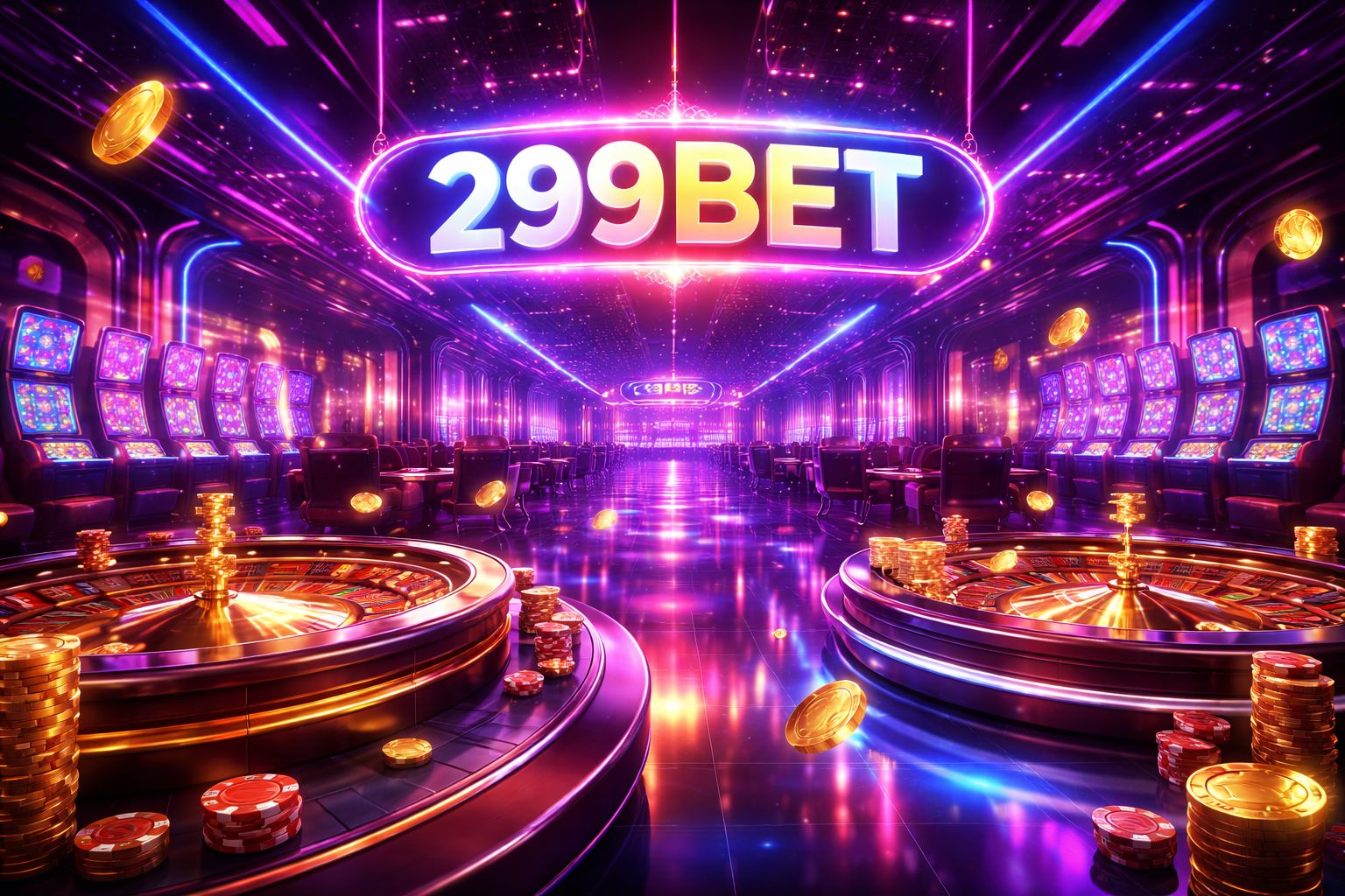 Neon-lit virtual casino hall with a glowing 299BET sign overhead and floating chips around a roulette wheel for Bangladesh players