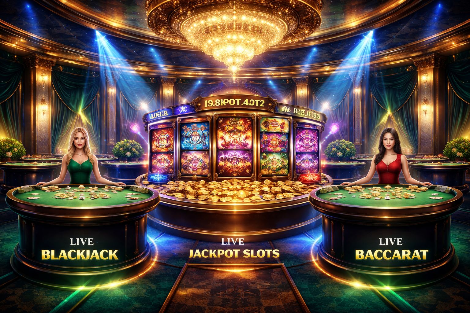 Confident female croupier standing beside a luminous roulette wheel surrounded by floating golden chips at the 299BET Bangladesh casino lounge