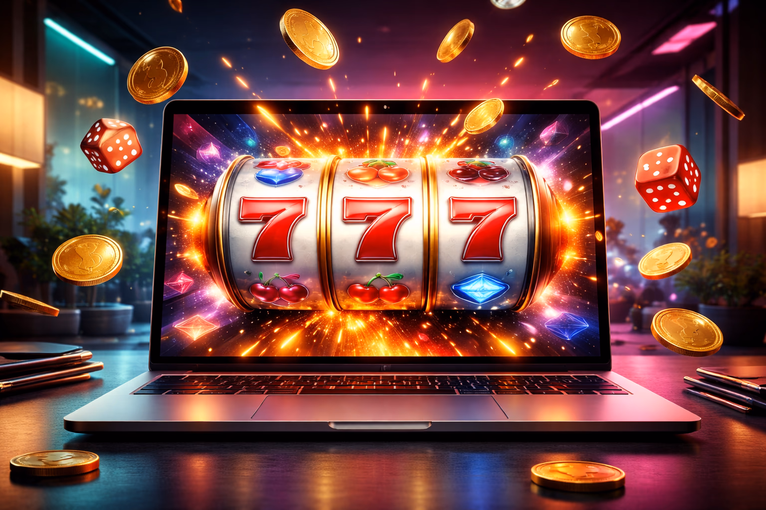 Modern laptop displaying the 299BET crash-style title with glowing chips and a rotating betting dial creating an immersive digital play scene