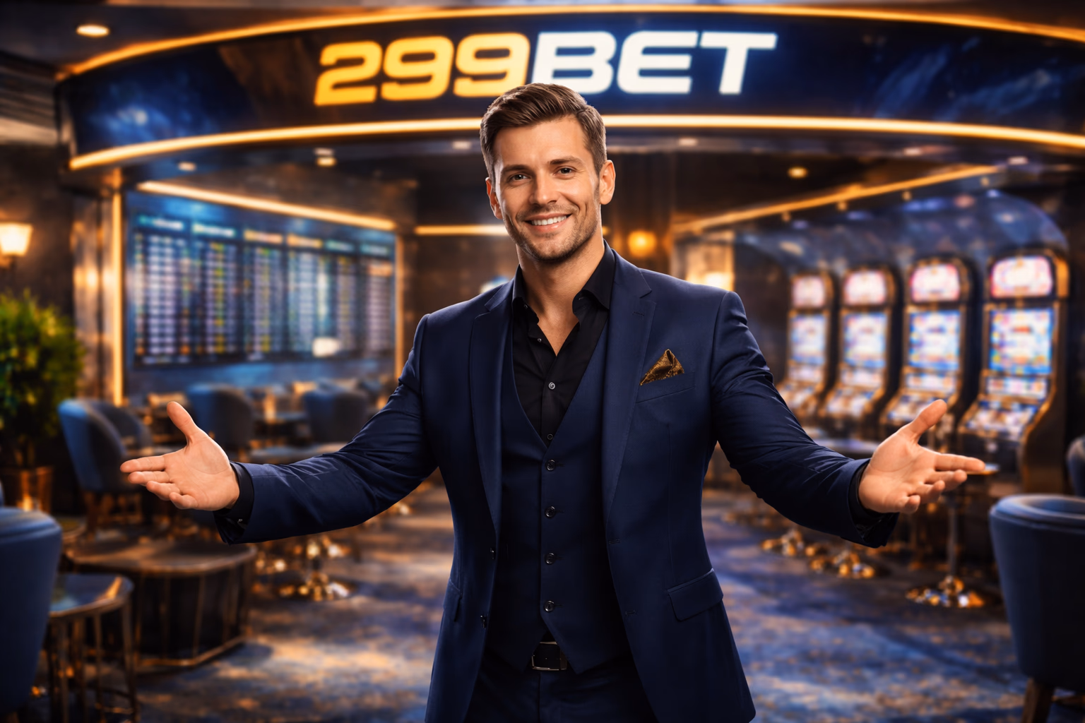Smiling gaming concierge welcoming guests in a polished gaming lounge with sports tickers and reels in the background showcasing the 299BET sign-in path for Bangladeshi members