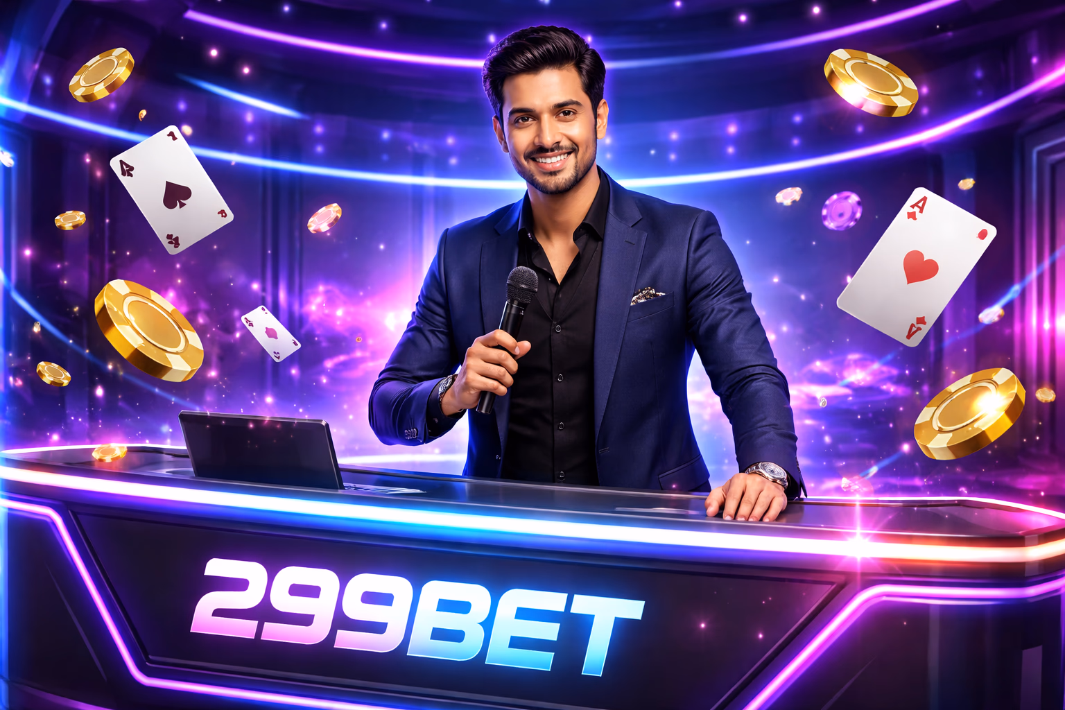 Polished Bengali gaming host welcoming members at the 299BET sign-in counter with neon lighting and floating chips