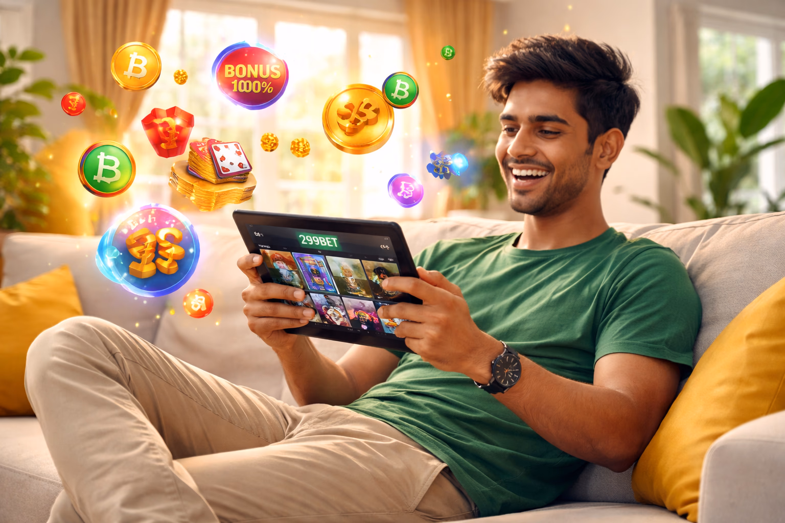 Polished Bengali gaming host welcoming members at the 299BET sign-in counter with neon lighting and floating chips